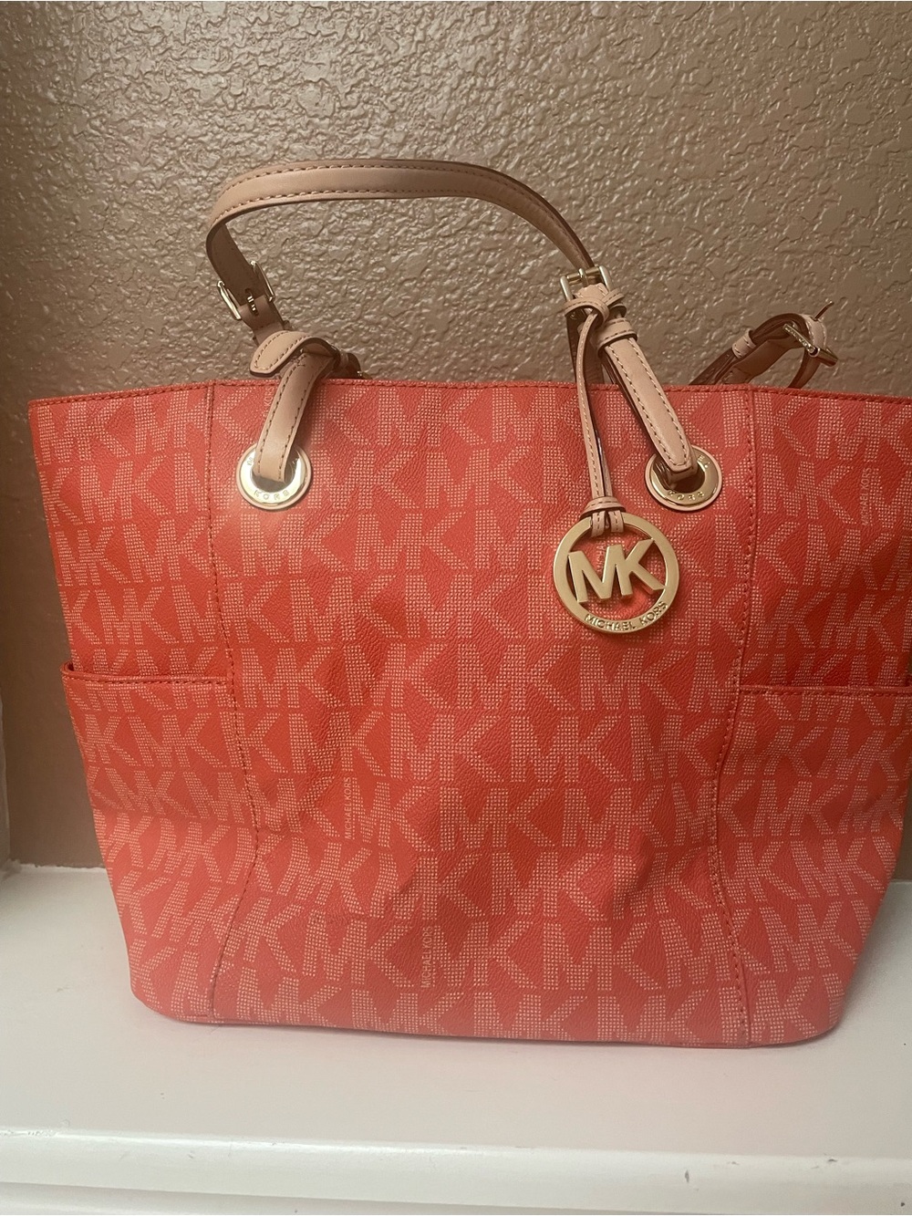 Michael Kors Coral/Pink MK Logo Tote with Gold Charm